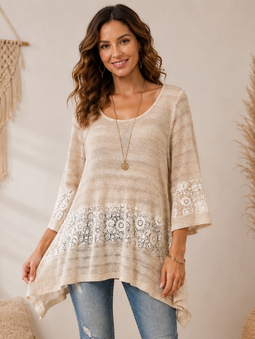 Women's Beige Open Knit Lace Tunic Top Boho Handkerchief Hem 3/4 Sleeve Size L